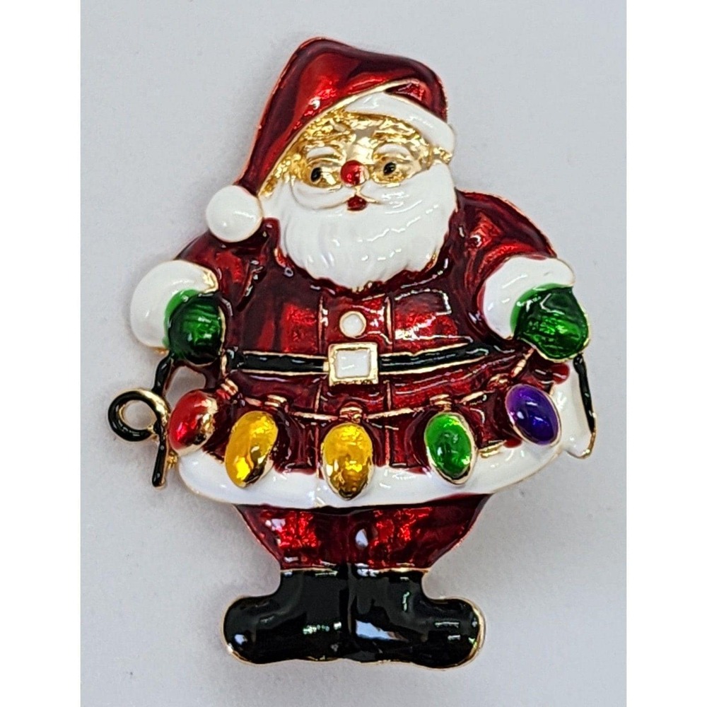 Santa Holding Christmas Lights Brooch Enamel Finish Bright & Cheerful - Picture 4 of 5